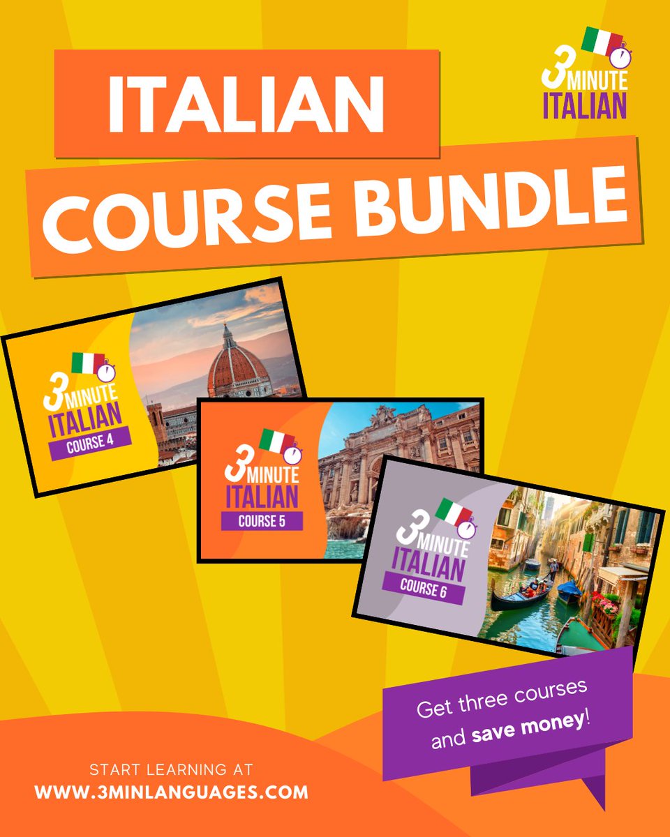 3MLanguages's tweet photo. Ciao 🙂🇮🇹

Get my 3 Minute Italian Bundle (Courses 4–6). Go further and save money.

Bundle 👉 https://t.co/YYRB5NhYXx 

All my Italian courses: https://t.co/OqkdEn4lb0 

#learnItalian #Italianonline #Italianlessons https://t.co/oNggfEf5IZ