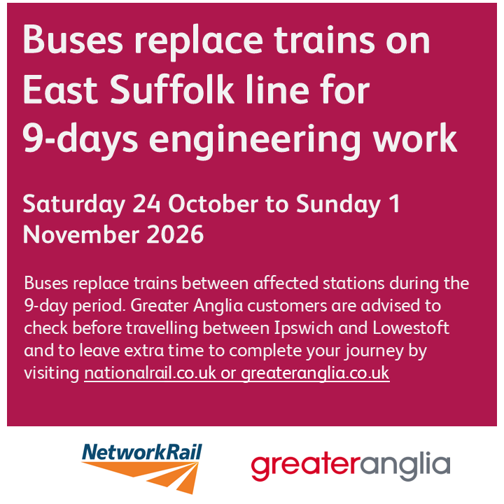 NetworkRailAng's tweet photo. ℹ️Please check before you travel this coming weekend as buses replace trains between affected stations on the East Suffolk line for 9 days.  More information available here: https://t.co/0zrD3wAHe0

@GreaterAngliaPR
@sizewellc
@nationalrailenq https://t.co/G0AOq1GxHD