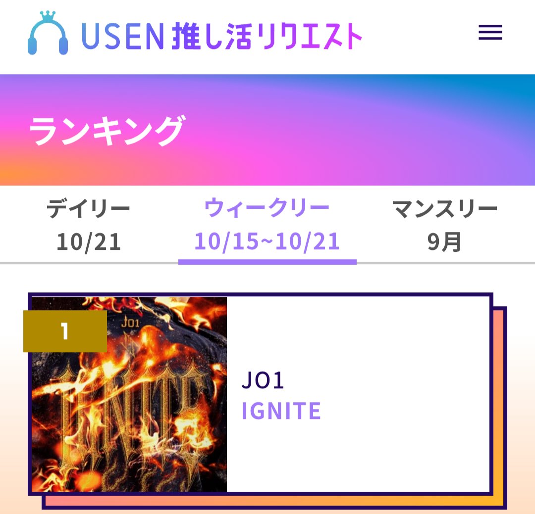youhito_usenjo1's tweet photo. 10/21(水)18:00発表
推し活リクエスト　
#JO1 #JO1_IGNITE 
デイリーランキング🥇位
ウィークリーランキング🥇位

10/15〜10/21
期間中6日連続🥇を獲得しました
皆さんのご協力誠にありがとうございました🙇‍♀️

18:55現在
リアルタイムランキング 🥇位

https://t.co/1pygXj6vnt

目標順位🥇
引き続きリクエストをお願いします🙇‍♀️

#JO1推しリク