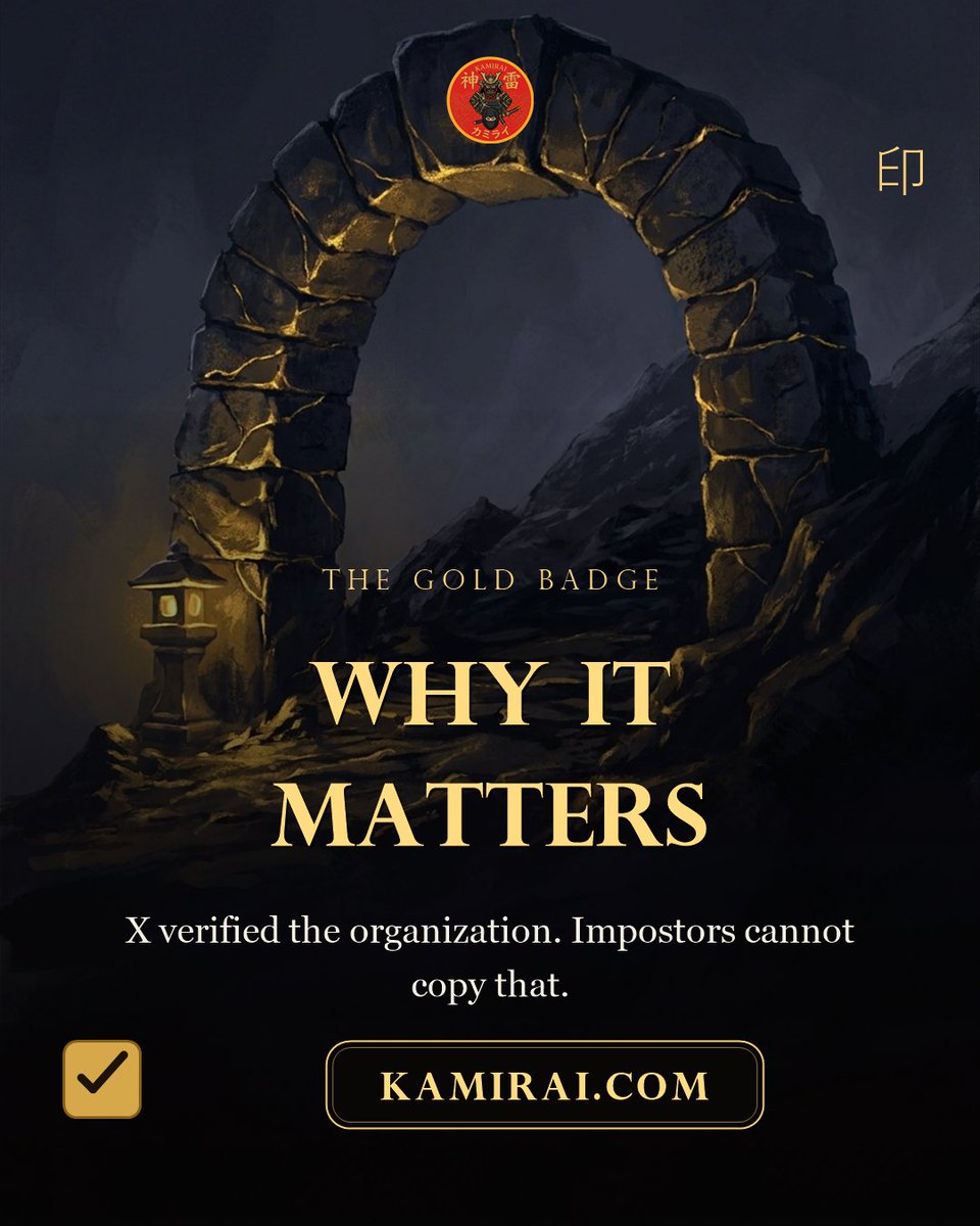 KamiraiOfficial's tweet photo. The gold badge is not decoration. It is X itself confirming that this account belongs to a verified organization.

There is one official KAMIRAI account, and you are reading it. No impostor can buy that badge, and no copycat can borrow it.

When in doubt, start from https://t.co/eqLobTikf5 and follow the links from there.