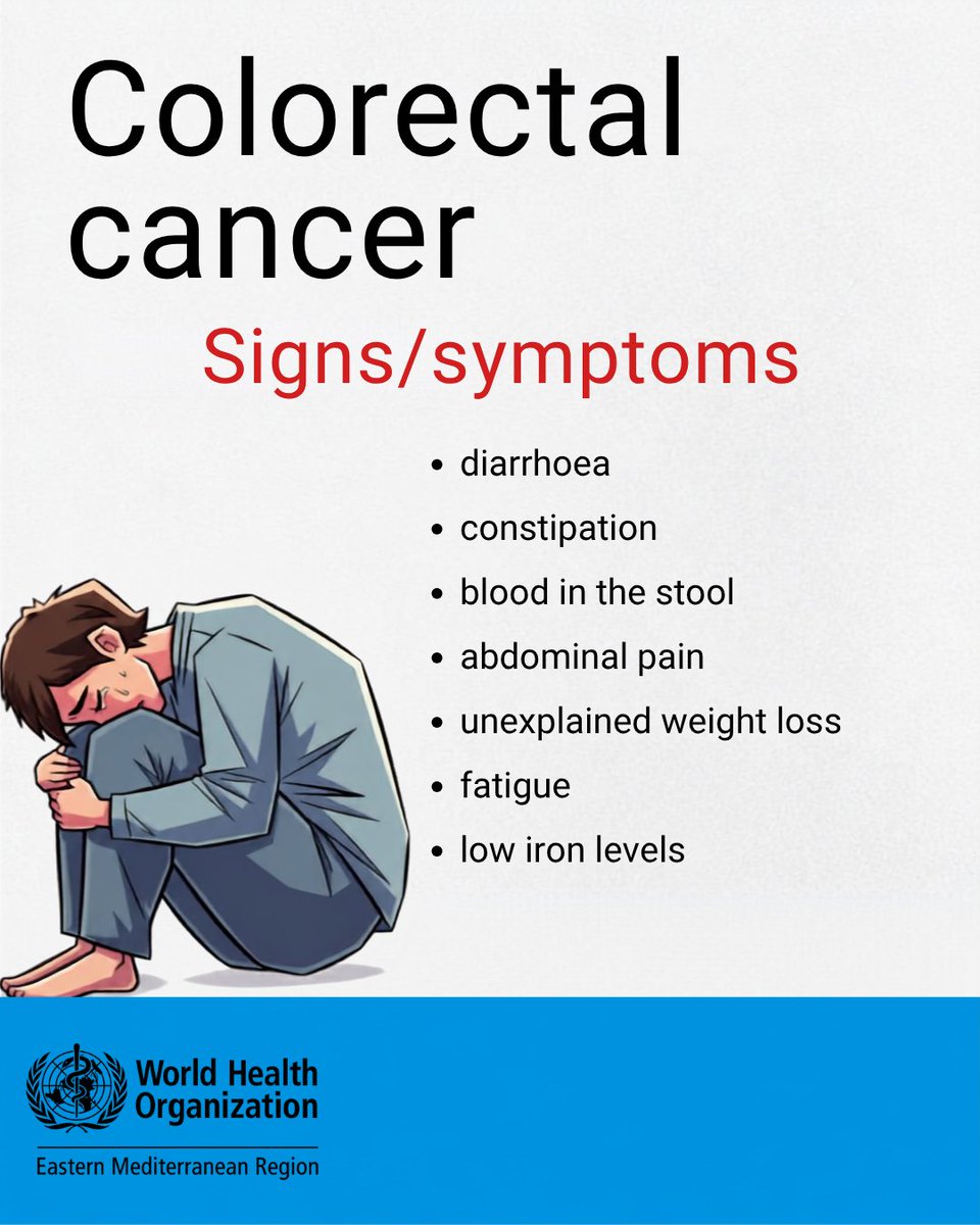 WHOEMRO's tweet photo. Act now to lower your risk of colorectal cancer.  

Colorectal cancer is the third most common cancer in the Eastern Mediterranean Region and the fifth leading cause of cancer-related deaths.  

While some risk factors are beyond our control, there are things we can do to lower our risk and catch the disease early. 

🥦 Eat more fruits and vegetables and less processed and red meat 

🏃 Stay active and maintain a healthy weight  

🚭 Avoid tobacco and limit alcohol consumption 

🧬 Family history, inherited conditions and age also matter – it is important to know your personal risk 

Colorectal cancer can be treated successfully, especially when it is found early. 

Screening can detect cancer before symptoms appear. It can find and remove precancerous growths before they develop into cancer. 

Know your risk. Talk to a health professional about screening. Don’t wait to act.