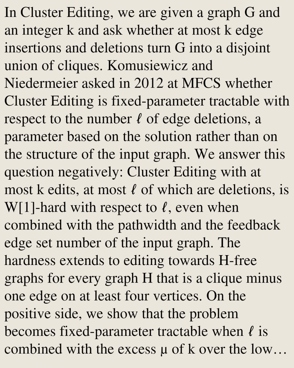 AlgorithmPapers's tweet photo. Parameterizing Cluster Editing by the Number of Deletions

Vincent Froese, Leon Kellerhals, Frank Sommer, Manuel Sorge, Ondřej Suchý
https://t.co/PqzvEqKVSv [𝚌𝚜.𝙳𝚂] https://t.co/Qo75xDrSho