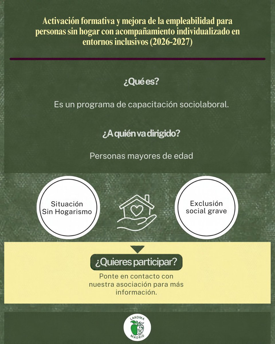 LakomaMadrid's tweet photo. 📚💚 En Lakoma Madrid impulsamos la formación y el empleo de personas en situación de sinhogarismo 🏠 y exclusión social grave, con acompañamiento individualizado y nuevas oportunidades para construir su futuro. 🤝✨
#inclusionsocial #psh #sinhogar #formaciones https://t.co/yRjcvGBlV4