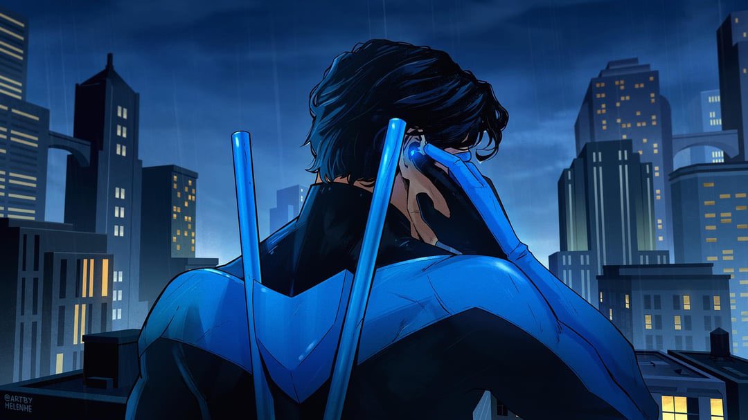 NotInHisShadow's tweet photo. “Rain slicks the rooftops of Bludhaven as I stand watch. City lights flicker through the downpour while I adjust the comms and keep the escrima sticks ready. Another night. Another shift. No one else is coming.” https://t.co/2NL87G3Wel