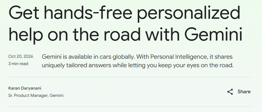smitshahs007's tweet photo. Gemini Personal Intelligence
Your connected context is coming to the car.
With permission, Gemini can use Gmail, Calendar, Photos and Maps to find a flight gate or navigate to an appointment. Drivers spend less time searching and tapping.
#Gemini #AndroidAuto https://t.co/G08Vn9TM9P