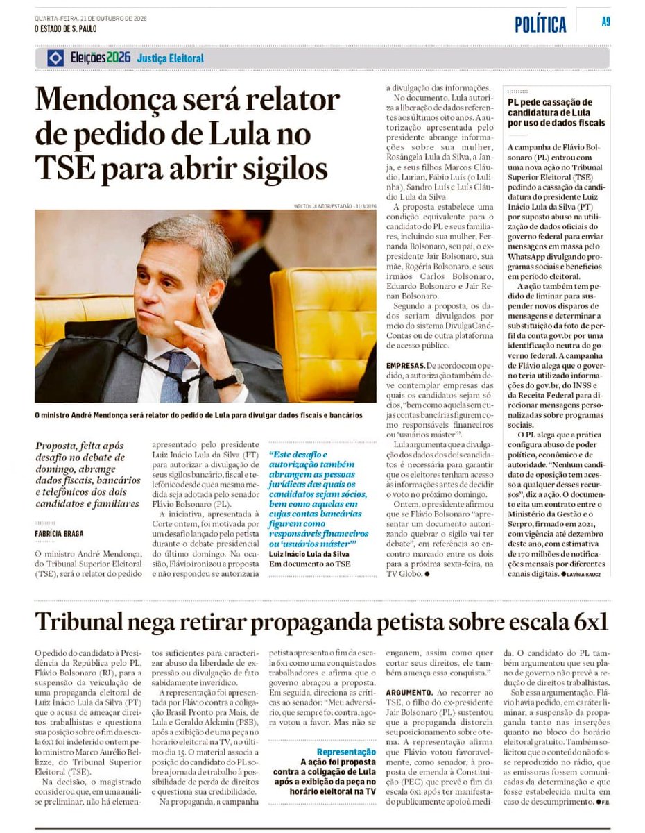 rocha_lcr's tweet photo. Jornais hoje.

Campanha de Flávio entra no desespero na reta final da campanha, pressionada pelo crescimento notável de Lula nas redes e nas ruas.

O desespero também vem do fato de não conseguir capturar os eleitores de Zema, Caiado, Cury e Renan para abrir uma diferença maior sobre Lula, correndo o risco de voltar a ter um tamanho menor do que teve no primeiro turno, apesar de todo o apoio financeiro que está tendo da elite da Faria Lima, de setores da elite do agro e da ajuda escandalosa da Meta, que tenta fraudar a igualdade nas eleições.

Sinais eloquentes desse desespero estão retratados em fatos claros: no ato tentar retirar do ar a propaganda de Lula que diz que Flávio vai acabar com a escala 5 x 2; apagar das redes falas antigas do candidato contra o Bolsa Família; na promessa de fazer voltar a distribuição de benefícios para os setores de shows e entretenimento, uma ajuda para setores que não precisam, para ganhar votos, contradizendo o discurso de cortar gastos que anda fazendo no particular para o mercado financeiro.

Estadão: Tribunal nega retirar propaganda petista sobre escala 6x1
Ação foi proposta contra a coligação de Lula após a exibição da peça no horário eleitoral na TV.

Folha: Senador apaga posts em seu perfil no X com críticas ao Bolsa Família; campanha não se pronuncia

O Globo: Munição Eleitoral
Bolsa Família volta a pautar campanha após falas de Flávio e aliada abastecerem ataques de Lula.
Na Folha, matéria mostra que Flávio Bolsonaro mandou apagar posts dele sobre o Bolsa Família. Está no nosso 'caderno' de Economia.

Folha: Lula mantém liderança em índice de popularidade digital após debate
Lula marca 83,3 pontos, 12,6 a mais do que na véspera do primeiro turno; Flávio, 76,6 pontos, queda de 3,5 na mesma base de comparação.

Estadão: Conselho da Meta vê falhas em moderação eleitoral no Brasil
Fiscalização aponta erros também em eleição americana.

Folha: Conselho da Meta vê falhas recorrentes na moderação de conteúdo eleitoral nas redes
Órgão independente cita restrições a contas de Lula e a perfis contra Trump nos EUA; entidade cobra transparência e redução de erros.
O Conselho de Supervisão já havia recomendado, após problemas na atuação da big tech nas eleições brasileiras de 2022, a criação de critérios mensuráveis para avaliar a eficácia das medidas de integridade eleitoral.

O Globo: Empresários do agro turbinam doações e reforçam ele com a direita no 2º turno
Contribuição de pessoas físicas para Flávio Bolsonaro supera R`$ 20 milhões, 29 vezes o valor arrecadado por Lula. Captação de campanha disparou depois de senador superar petista na primeira votação.

Folha: Flávio Bolsonaro diz que, se eleito, retomará benefício fiscal para eventos
Programa foi criado por Jair Bolsonaro para compensar impactos da pandemia; governo Lula apontou suspeita de fraudes.

Folha: Flávio diz que vai retomar benefício fiscal para eventos criado na pandemia
Perse também beneficiou deliveries e influenciadores e pode ter custado mais de R$ 336 milhões até agosto daquele ano. Em uma vitória do governo na Justiça, o iFood pagou quase R$ 1 bilhão em tributos à Receita Federal por considerar indevido o uso de benefícios fiscais". De fato, houve um surto de emendas para patrocínio de eventos que precisou ser cancelado porque era uma roubalheira enorme.

O Globo: Risco fiscal em 2027
Flávio fala em volta do socorro a eventos;
Esse 'socorro' a eventos é o Perse.