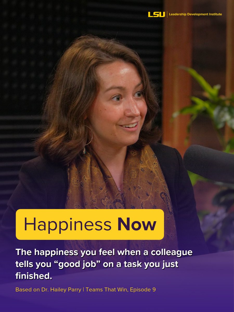 LSU_LDI's tweet photo. What kind of happiness keeps your team going? Dr. Hailey Parry explains two types on Episode 9 of Teams That Win.

🎧 https://t.co/suPagYkfCf

#Leadership #TeamsThatWin https://t.co/1DeMKUsL2W