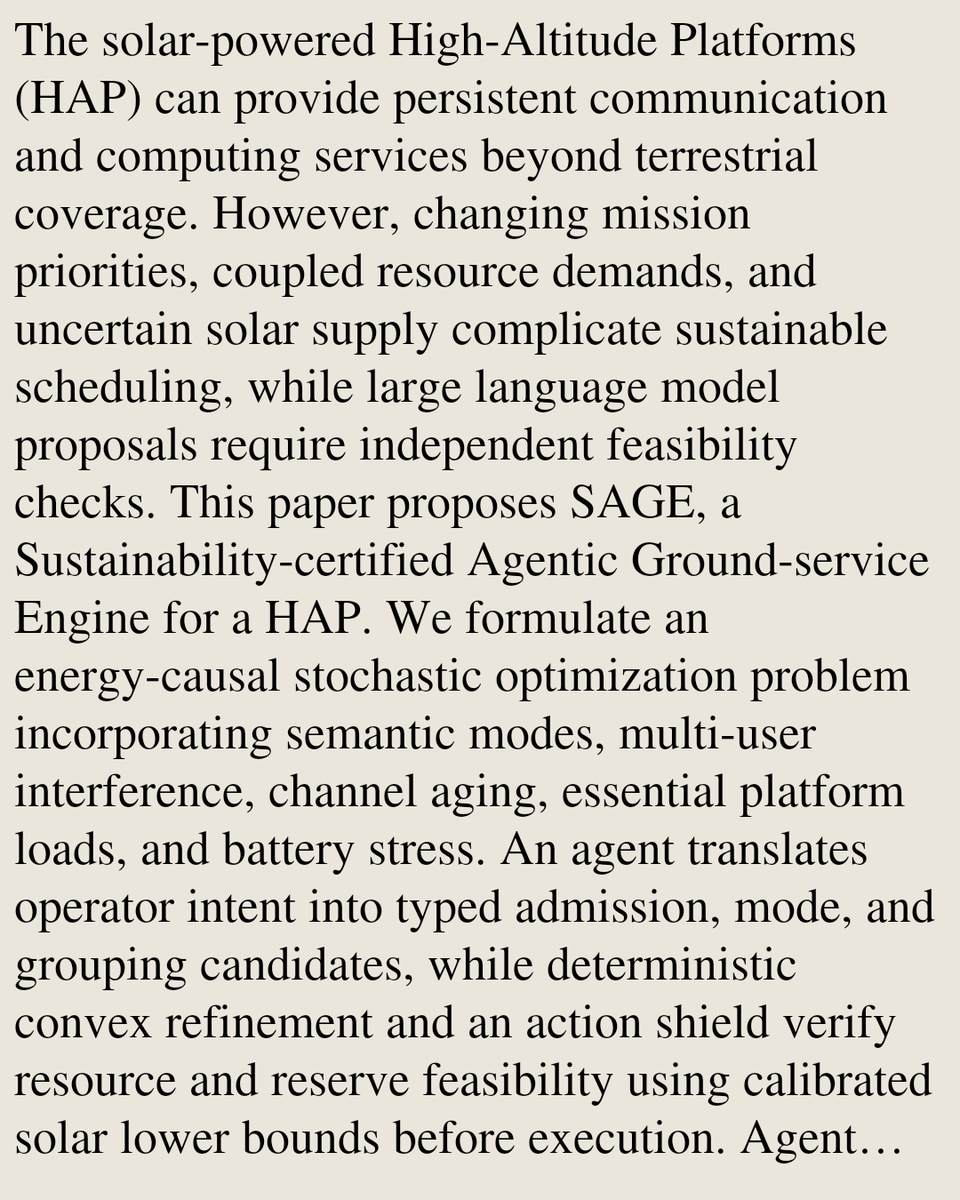 USB's tweet photo. SAGE-HAP: Sustainability-Certified Agentic Communication and Computing at a Solar-Powered High-Altitude Platform

Haoxiang Luo, Bang Huang, Mohamed-Slim Alouini
https://t.co/r7OyLUbB5b [𝚌𝚜.𝙽𝙸] https://t.co/GfiG4W0zAq