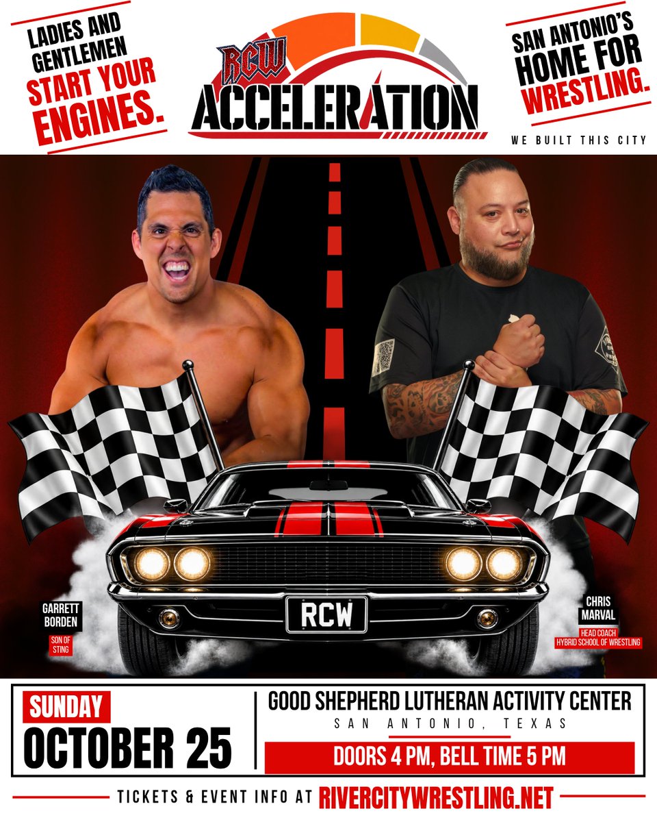 rcwforever's tweet photo. ONLY A COUPLE OF TICKETS LEFT!

Garrett Borden, son of WWE Hall of Famer Sting, makes his San Antonio debut against former RCW Champion CHRIS MARVAL!

Experience vs. a rising second-generation star!

THIS SUNDAY at RCW: ACCELERATION!

https://t.co/3EAr002JmU https://t.co/mmSMXsCwNV