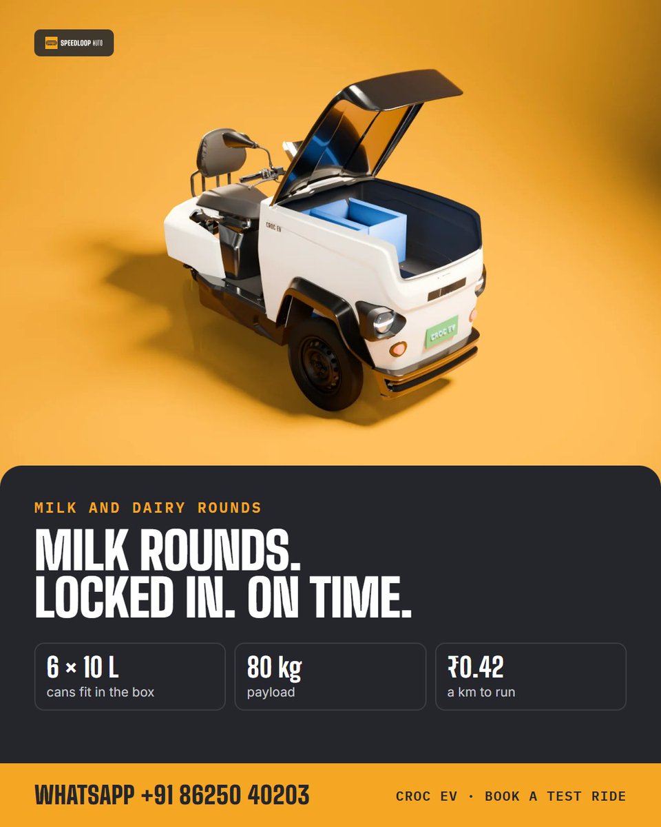 speedloop_auto's tweet photo. 6 milk cans of 10 L, locked in a box in front of you. 80 kg payload, about ₹0.42 a km to run. CROC EV, built in Pune. WhatsApp +91 86250 40203 for your price. #CROCEV https://t.co/L5nrVnrMw1