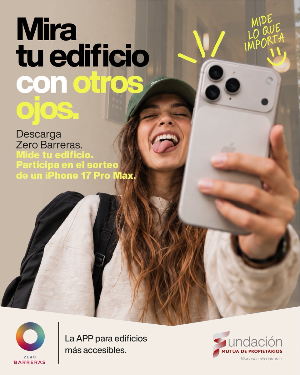 FundacionMdP's tweet photo. 👀 ¿Todavía no has medido la accesibilidad de tu edificio de viviendas?​

¡Tienes una nueva oportunidad para participar en el sorteo de un iPhone 17 Pro Max! 🎁​

📱 Descarga la app Zero Barreras y regístrate.​

🏢 Completa una medición válida de tu edificio.​

🎁 1 medición = 1 participación en el sorteo.​

Porque cada medición nos ayuda a hacer visibles las barreras arquitectónicas de nuestros edificios.​

⏰ ¡Tienes hasta el 5 de noviembre!​

💙 Mira. Mide. Suma.​

#MideConZeroBarreras #FundaciónMutuaDePropietarios 
---
👀 Encara no has mesurat l’accessibilitat del teu edifici d’habitatges?

Tens una nova oportunitat de participar en el sorteig d’un iPhone 17 Pro Max! 🎁

📱 Descarrega’t l’app Zero Barreras i registra-t’hi.

🏢 Fes un mesurament vàlid del teu edifici.

🎁 1 mesurament = 1 participació en el sorteig.

Perquè cada mesurament ens ajuda a fer visibles les barreres arquitectòniques dels nostres edificis.

⏰ Tens temps fins al 5 de novembre!

💙 Mira. Mesura. Suma.

#MideConZeroBarreras #FundaciónMutuaDePropietarios