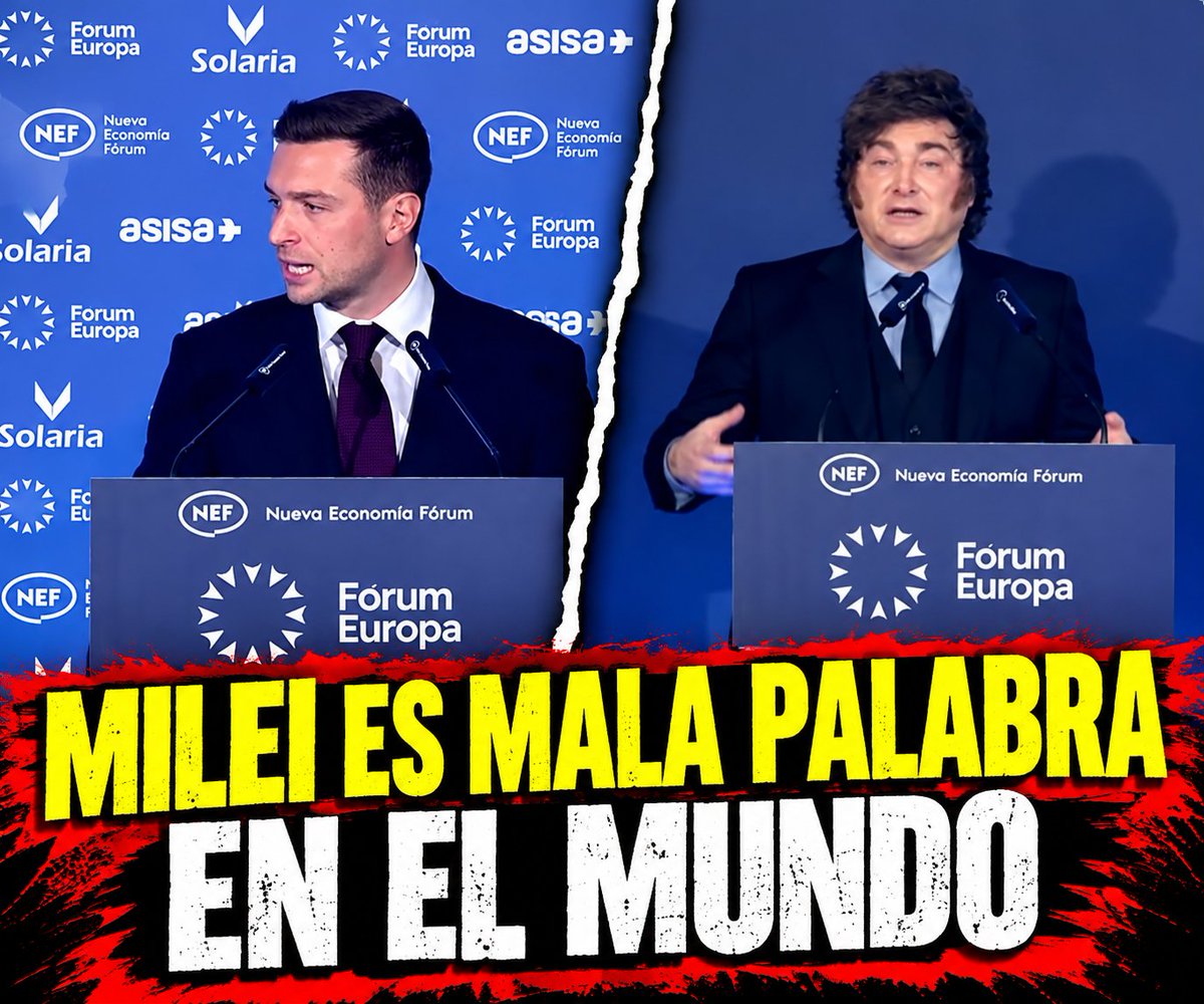 argennoti's tweet photo. 🚨 ¡MILEI ES MALA PALABRA EN EL MUNDO! EL PRESIDENTE HABLÓ EN EUROPA SIN UN SOLO LOGO EMPRESARIAL DETRÁS

Del supuesto rockstar internacional a una postal incómoda. Javier Milei participó del Nueva Economía Fórum en España y llamó la atención un detalle: detrás del mandatario argentino no apareció ningún logo comercial, a diferencia de otras presentaciones del evento. El presidente que promete una lluvia de inversiones y presume de su llegada a los grandes empresarios terminó hablando frente a un fondo azul sin marcas patrocinadoras visibles. Aunque esto no demuestra que las empresas hayan rechazado acompañarlo, la imagen deja una pregunta picante: ¿dónde quedó el respaldo empresarial internacional
