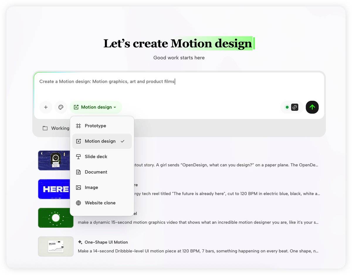 OpenDesignHQ's tweet photo. 9/ Where do I find Motion Design?
On the home screen, select “Motion design” from the dropdown in the prompt box.
If it’s missing, update to v0.26.0 or later and restart the app.
Videos already come with music, and we’re working on more audio capabilities. https://t.co/llP8xmU6KY