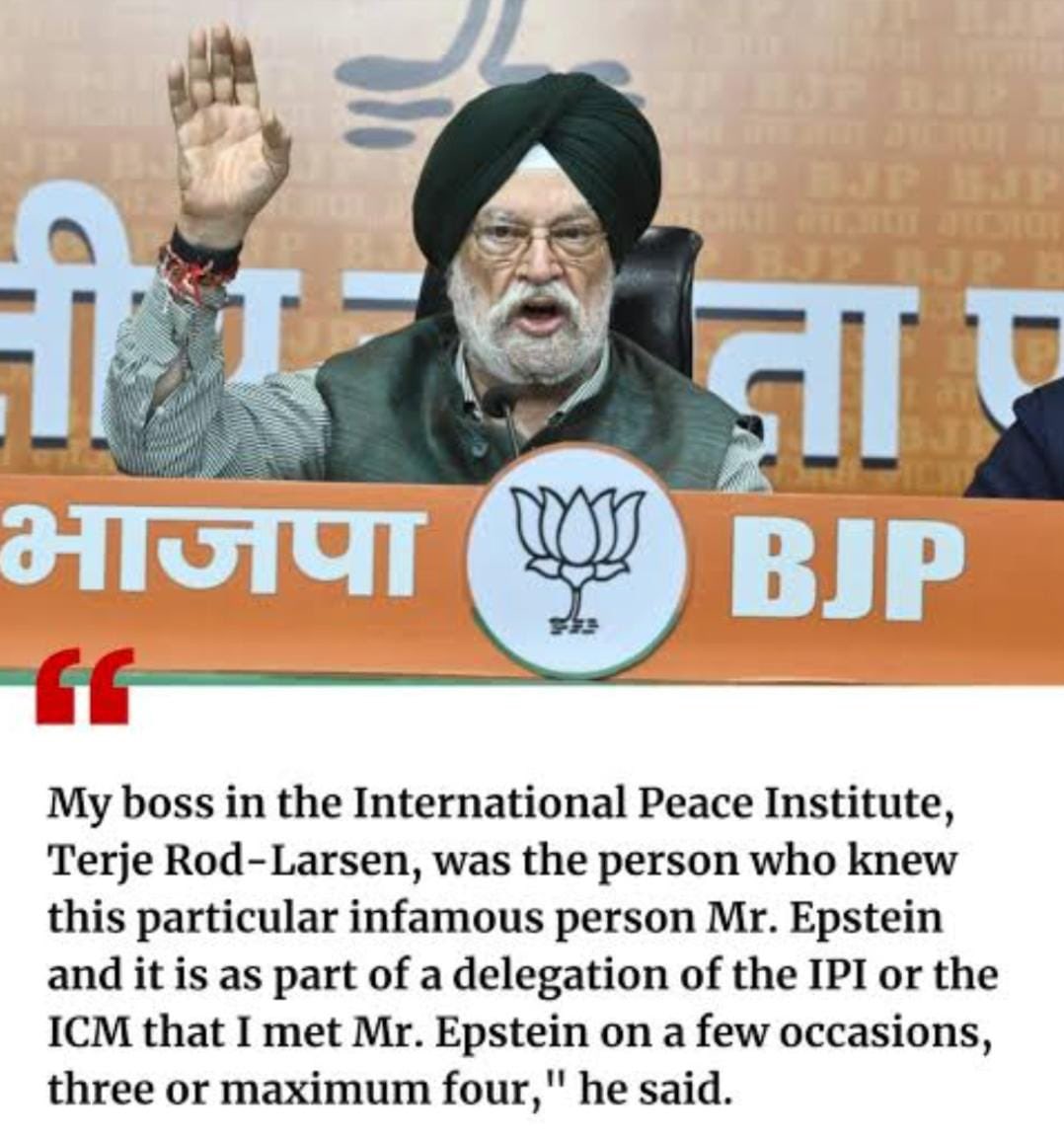 erbmjha's tweet photo. Marco Rubio lands in India, and suddenly, the attacks on Energy Minister Hardeep Singh Puri intensify. The possibility to pressure India during crucial negotiations cannot be dismissed.

Puri has publicly acknowledged meeting Epstein 3-4 times in a professional capacity & denied any involvement in his crimes.

What does recycling old photographs even reveal? Where’s the new evidence?

BTW, Congress is yet to reveal the terms, objectives & commitments of the 2008 MoU between Gandhi family & CCP.
