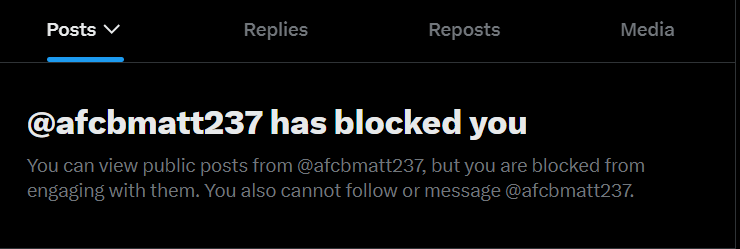 SamAS_91's tweet photo. @CraigBPodcasts @afcbmatt237 @Yeahyou90 @BmthEchoSport Of course, rather than engage in conversation, he's just blocked me. https://t.co/uxVVDL0ymc