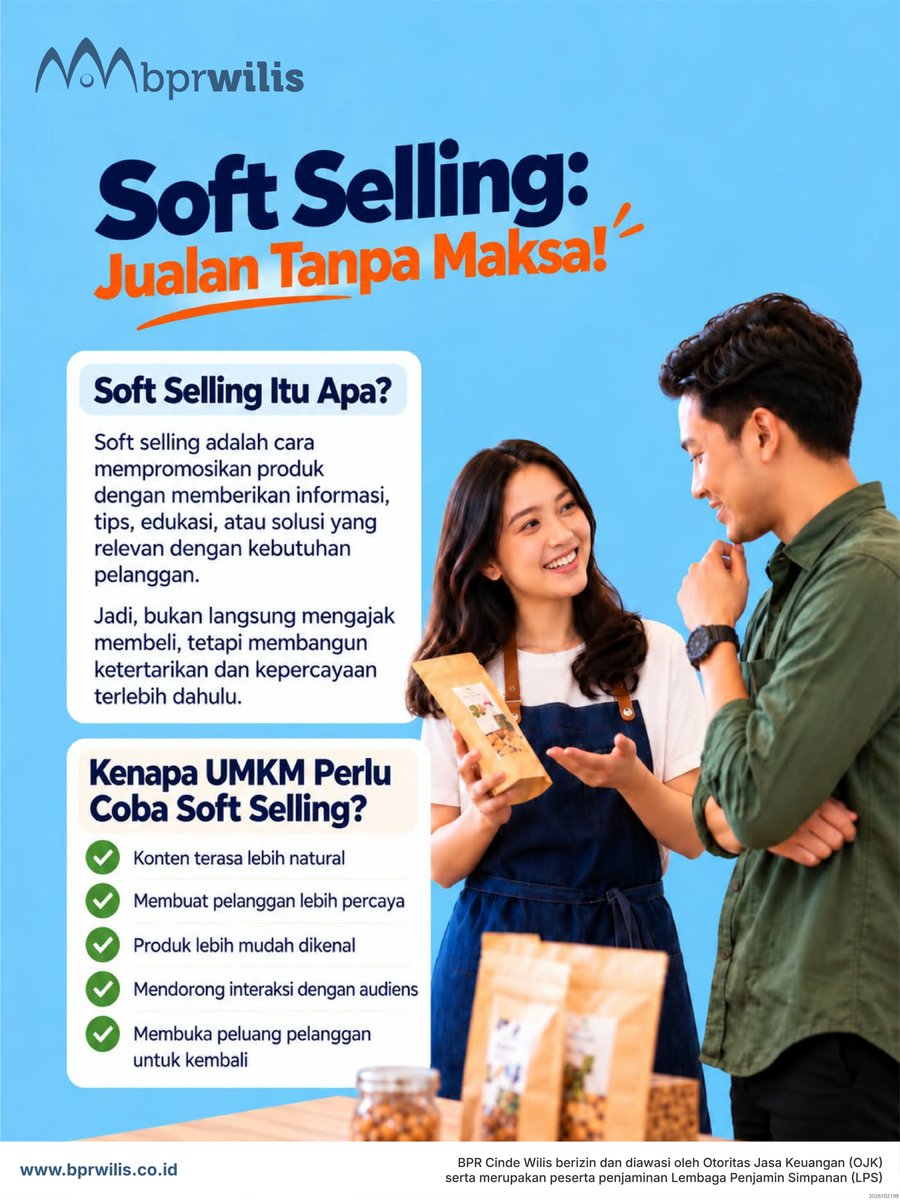 bprwilis's tweet photo. Dengan soft selling, konten terasa lebih natural dan bisa membantu membangun kepercayaan pelanggan.

👉 Yuk, coba terapkan soft selling di konten UMKM-mu!

#bprwilis #tangguhterpercaya #jatim #jember #softselling #UMKM #TipsUMKM #TipsBisnis #BisnisAman https://t.co/0kq8rm0gk8