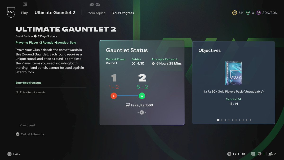 ItzChubzz's tweet photo. Gauntlet 2 is completely messed up, was meant to reset last night but somehow, I've -1 entries @EASFCDirect any fixes for your bugged ass game #FC27 https://t.co/MtAQH9djZ3