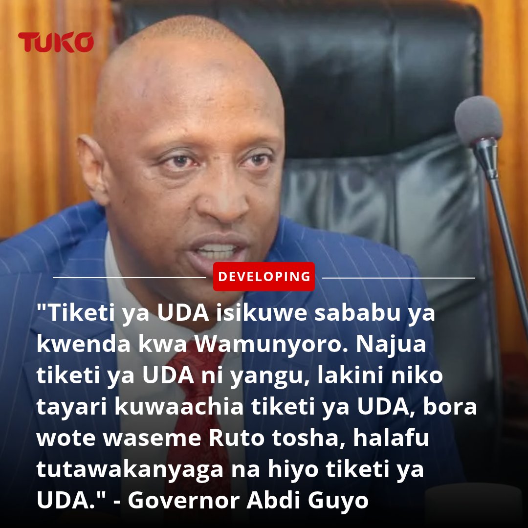 RobinhoodAnn's tweet photo. "Najua hata nikiwa independent, nitawakanyaga tu," Isiolo Governor Abdi Guyo tells his competitors, insists he is ready to forgo the UDA Party's ticket provided that his competitors and their allies support President William Ruto's re-election. 

Photo: Abdi Guyo (Facebook)

#tukonews