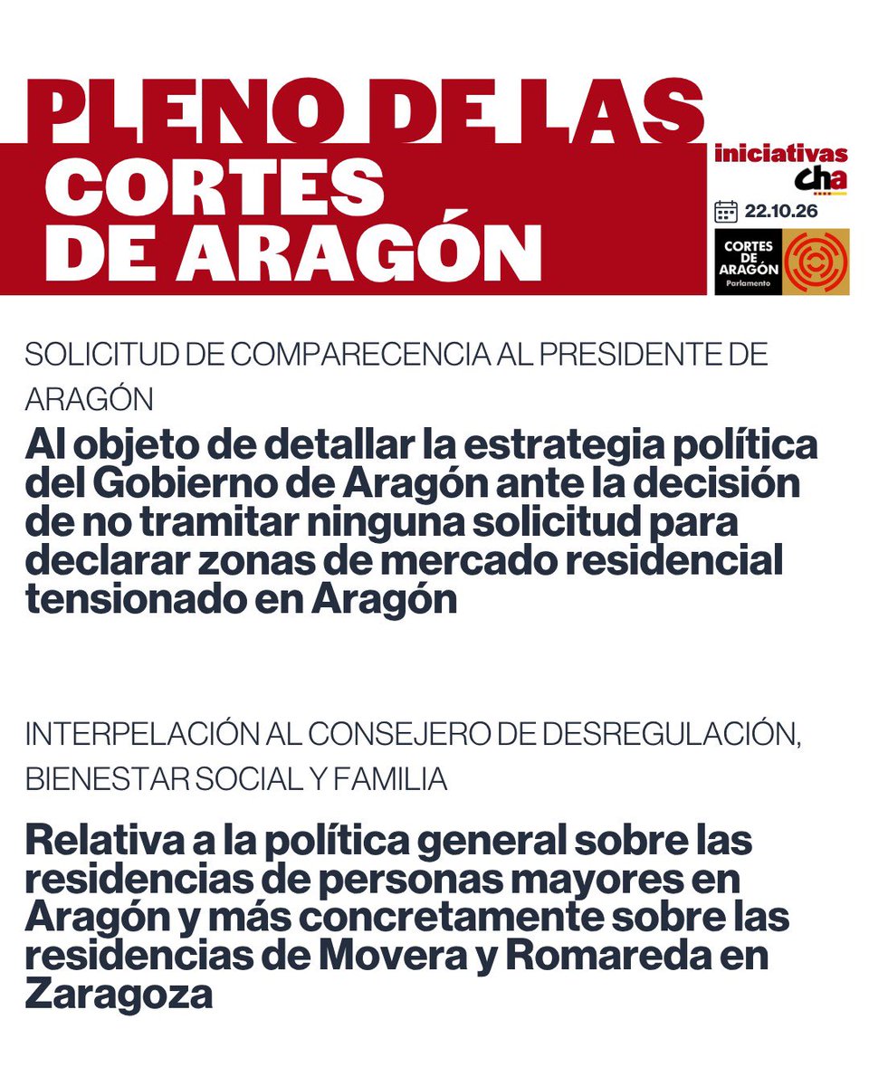 CHACortes's tweet photo. 🗣️CHA llevará al pleno del jueves 22 la comparecencia del Presidente de Aragón, ante la decisión de no declarar zonas de mercado residencial tensionado, e interpelará al Vicepresidente para explicar la situación de las residencias de personas mayores 

#CortesAragón #PlenoAragón https://t.co/zmhy8svCA3