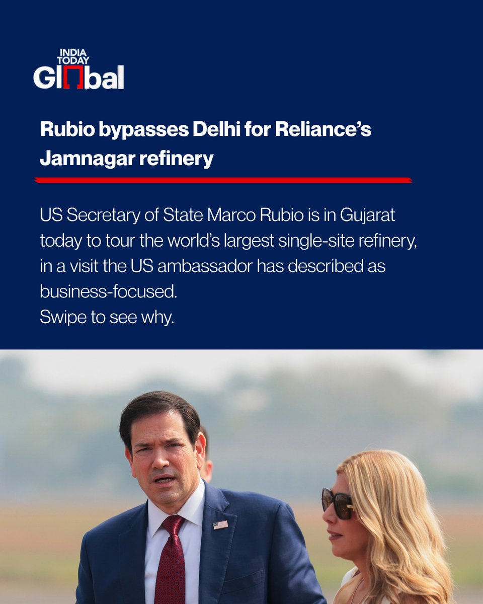 IndiaToday's tweet photo. US Secretary of State Marco Rubio is visiting Reliance Industries’ Jamnagar refinery in Gujarat, the world’s largest single-site refining complex, on a trip focused on energy and business ties.

The visit comes as Washington looks to discuss increased processing of Venezuelan crude, lower fuel prices and reducing reliance on Russian oil. Jamnagar’s refining capacity of 1.4 million barrels per day and its role in global fuel exports make it a key player in these discussions.

The visit also comes amid efforts to finalise the long-pending India-US trade deal, which Rubio says is “weeks, not months” away. However, tariffs, India’s Russian oil purchases and US visa restrictions continue to put pressure on bilateral ties.

#MarcoRubio #RelianceIndustries #JamnagarRefinery #IndiaUSRelations #IndiaTodayGlobal