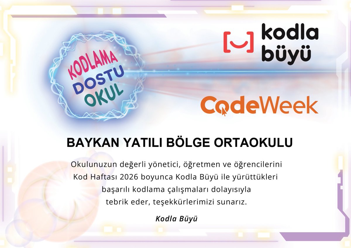 BaykanYbo's tweet photo. Baykan YBO'da 55 öğrencimizle Kod Haftası 2026'da rüzgar estirdik! 🚀
Okulumuza "Kodlama Dostu Okul" unvanını kazandıran öğretmen ve öğrencilerimizi kutlarız. 🎉
Teşekkürler @KodlaBuyu 💻
@mem_siirt @saz_ilhan @Baykanmem @vahap_gulmez
#CodeWeek #KodlaBüyü https://t.co/B0ZifqVRtL