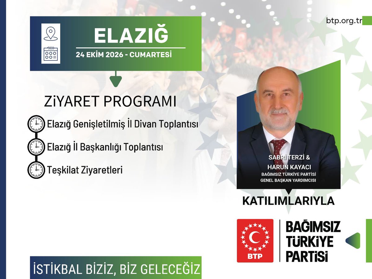 BTP_Parti's tweet photo. Genel Başkan Yardımcılarımız Sn. Harun Kayacı ve Sn. Sabri Terzi, bu hafta sonu gerçekleştireceğimiz program kapsamında; 24 Ekim Cumartesi günü Elazığ’da teşkilatımız ve halkımızla bir araya gelecek, STK ve esnaf ziyaretlerinde bulunacaklardır.
Ardından Elazığ Genişletilmiş İl Divan Toplantısına katılacaklardır.

Endişe yok, BTP var!