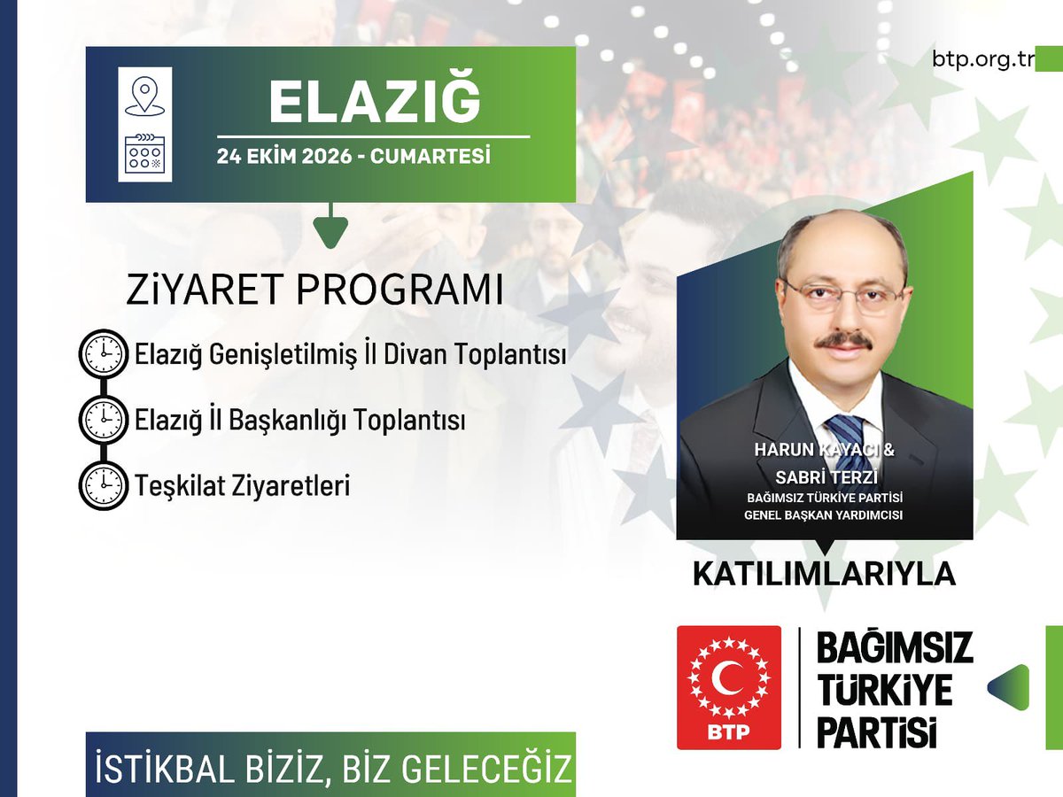 BTP_Parti's tweet photo. Genel Başkan Yardımcılarımız Sn. Harun Kayacı ve Sn. Sabri Terzi, bu hafta sonu gerçekleştireceğimiz program kapsamında; 24 Ekim Cumartesi günü Elazığ’da teşkilatımız ve halkımızla bir araya gelecek, STK ve esnaf ziyaretlerinde bulunacaklardır.
Ardından Elazığ Genişletilmiş İl Divan Toplantısına katılacaklardır.

Endişe yok, BTP var!