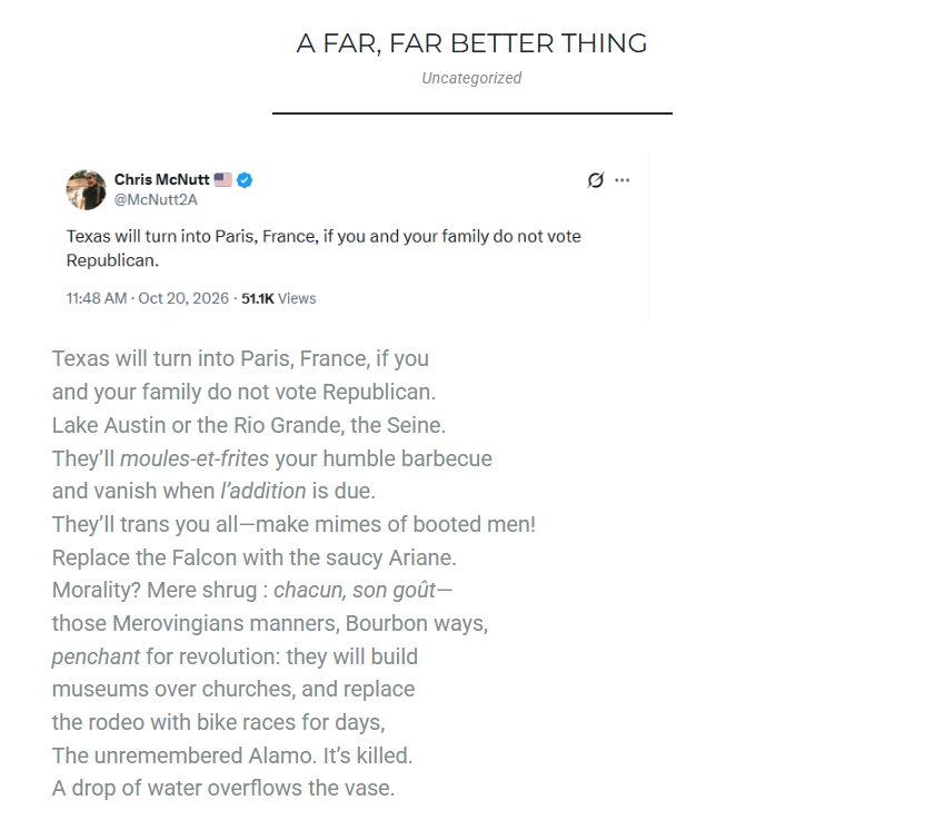 jakebackpack's tweet photo. I wrote a sonnet about Texas turning into Paris, France if you don't vote Republican. https://t.co/g7wTeLYcHU
