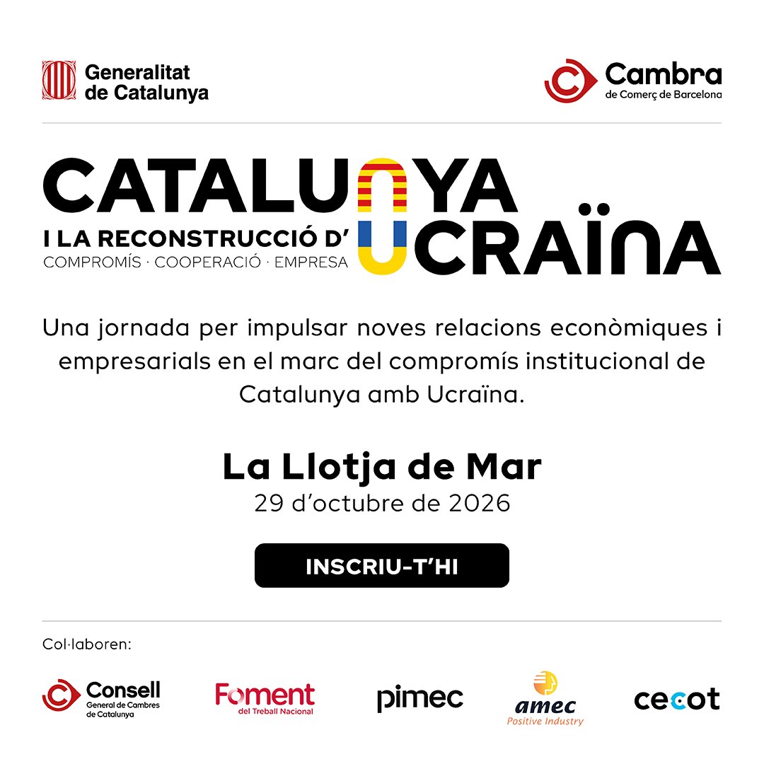 Pimec's tweet photo. Des de Pimec col·laborem en l’organització de la jornada "Catalunya i la reconstrucció d’Ucraïna: Compromís, cooperació, empresa", impulsada per la @gencat i la @CambraBCN.

📌 En el marc de l'acte, es donaran a conèixer oportunitats, instruments i vies d’accés al mercat ucraïnès, es facilitarà el contacte amb actors clau i s'exploraran possibles aliances i projectes de col·laboració.

📅 29 d'octubre
📍 La Llotja de Mar, Barcelona

Inscripcions: https://t.co/vprEiLLC1v