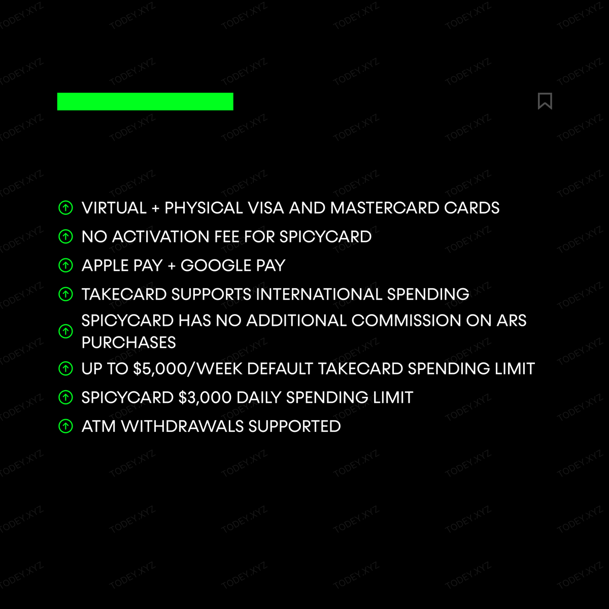 JoinTODEY's tweet photo. 💳 CRYPTO CARD OF THE DAY - TAKENOS CARD

@TakenosApp TakeCard Visa targets international purchases with a 1% purchase fee; SpicyCard Mastercard is built for local ARS spending in Argentina, with no extra purchase commission.

Learn More
https://t.co/FGZfVUzKrw https://t.co/QG2qyNL3Br