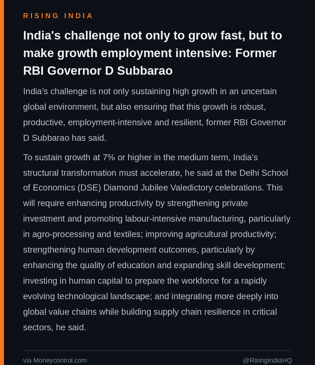 RisingIndiaHQ's tweet photo. INDIA MUST MAKE GROWTH EMPLOYMENT-INTENSIVE, NOT JUST FAST: FORMER RBI GOVERNOR D SUBBARAO https://t.co/bO6qiqSzXX