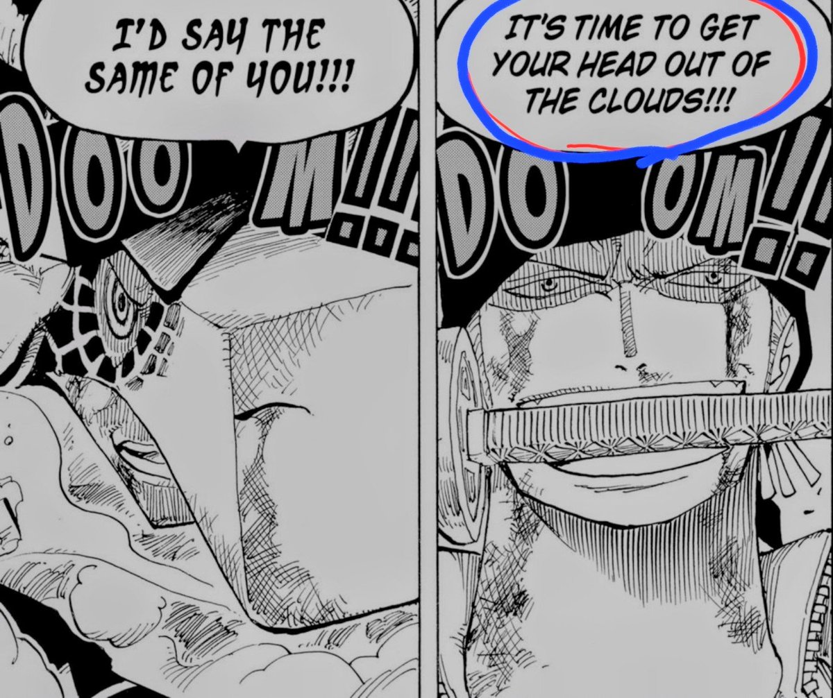 sandman_AP's tweet photo. Analysis 1💡: Sanji told Killingham, "Your head is too high!😡" Interestingly, 20 years ago, Zoro said the same thing in Japanese version to Kaku. Kaku had a giraffe Devil Fruit, while Killingham's is based on the mythical kirin/Qilin. Both are called "kirin" in Japanese. Amazing connection after two decades!😆

In Japanese, "Your head is too high" is an expression used to put arrogant people in their place.

Notice how Zoro jumped onto the upper part of a Sommers ship, while Sanji jumped onto the top of a building, literally standing above Celestial Dragons Sommers and Killingham.💚 

Celestial Dragons believe they're gods who stand above ordinary humans. But Oda has *physically* reversed that hierarchy. Those who look down on humanity are now being looked down upon by Zoro and Sanji in both literal and figurative meanings.🔥

And there's another great contrast. Killingham, as a Celestial Dragon, thinks too highly of himself, while Sanji has always valued his own life too little.💔

What's unusual is how Killingham keeps calling Sanji by his name. I can't recall another enemy repeating Sanji's name so insistently since Gin back in Baratie arc.  Why does Oda emphasize his name so much??🤔

Killingham's powers brought back Ivankov, reminding Sanji to "love yourself." Perhaps this is all connected. By repeatedly hearing his own name and confronting his past, Sanji may be learning to recognize his own worth.🙏

Killingham may be playing a much deeper role in Sanji's character development than we realize.

It is amazing how Oda turns abstract ideas like social hierarchy and self-worth into physical positions and actions during fights. Even the height at which characters stand can tell a story.😍