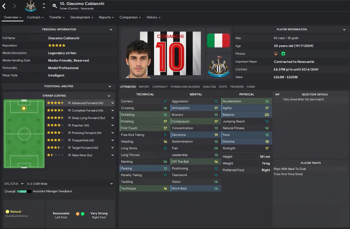 G_Cobianchi's tweet photo. Nel lontano 2019 ho contribuito alla raccolta dati per Football Manager.

Nell’occasione compilai il modulo per l’inserimento del mio giocatore nel database dei newgen che il gioco spara fuori con parametri e crescita casuale.

Ieri ho scoperto che a quanto pare sono diventato il miglior giocatore del FM24 di qualcuno.
