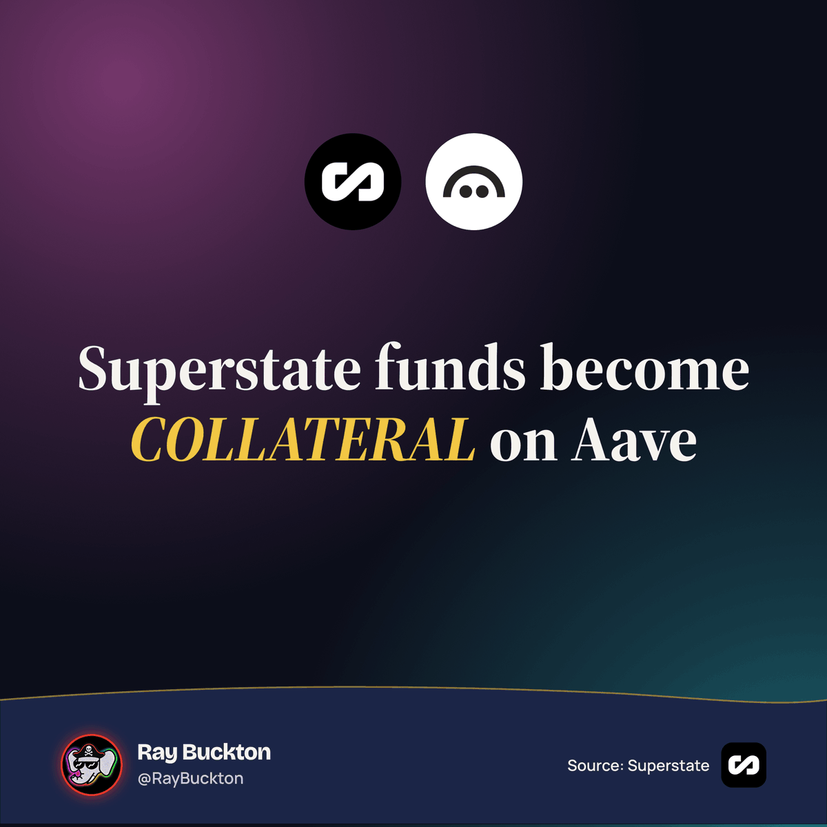 RayBuckton's tweet photo. .@SuperstateInc USTB and USCC holders can now borrow stablecoins against their fund shares on @aave Horizon.

Citi said collateral mobility is one of tokenization's biggest use cases.

THE WORLD WILL BE TOKENIZED. 🐘 https://t.co/H9fpLpcR1V