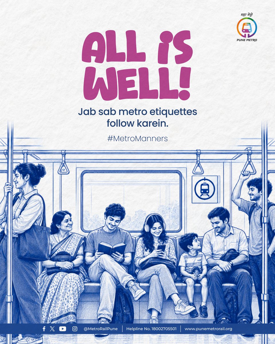 metrorailpune's tweet photo. When everyone follows the little rules, the whole journey becomes smoother. Less chaos, more comfort, and a metro ride that feels good for everyone!
#PuneMetro #noloudmusicinmetro #MetroEtiquettes #Metromanners #UseMetro https://t.co/kCCVk6Ag0B