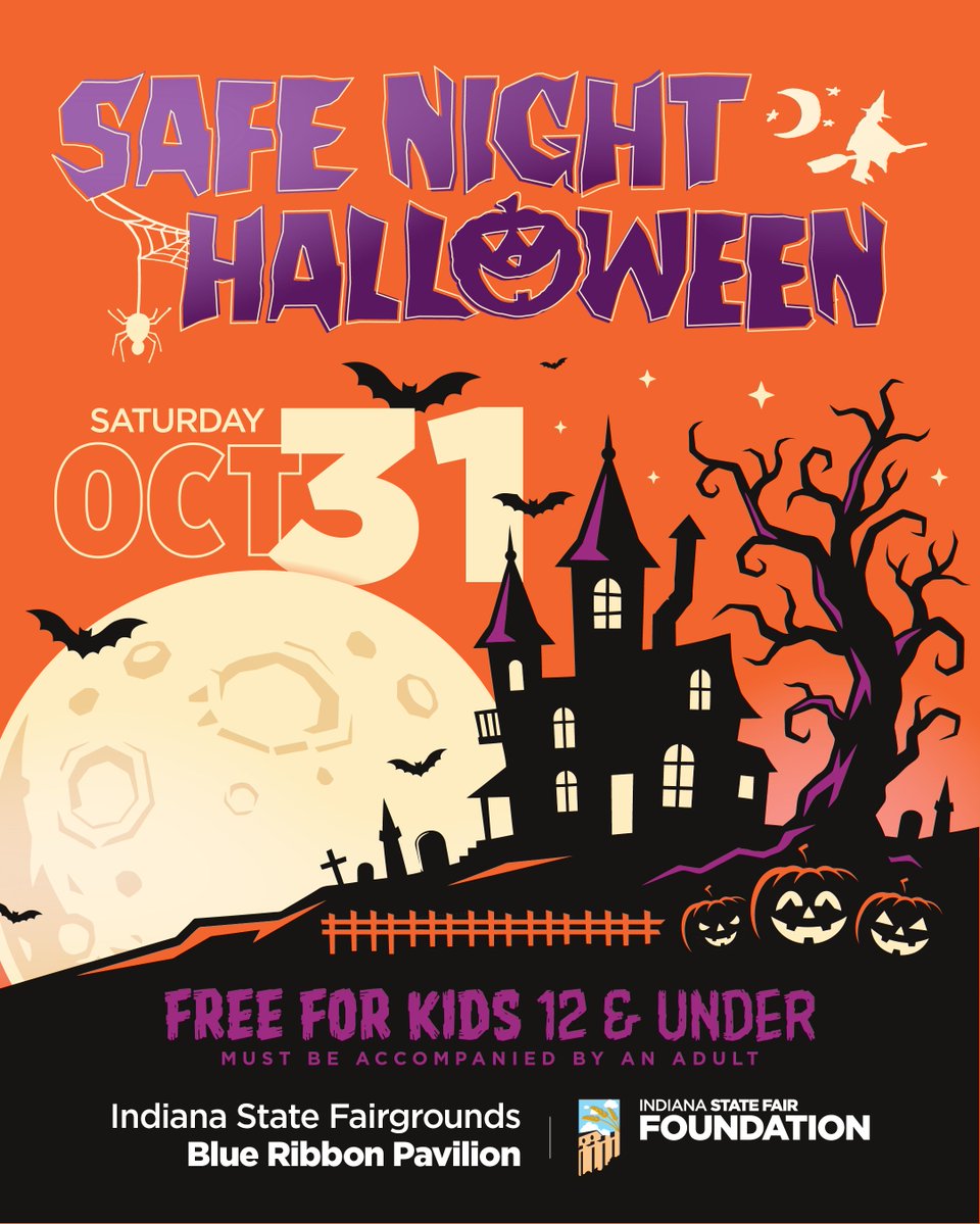 IndyStateFair's tweet photo. 👻 The countdown to a frightfully fun Halloween night is on!

For the 30th year, the Indiana State Fairgrounds, along with dozens of community partners, are hosting Safe Night Halloween! Safe Night Halloween is open to all children ages 12 & under who are accompanied by an adult. Parking and admission are FREE! This event is inside our Blue Ribbon Pavilion from 5-7PM Halloween night!