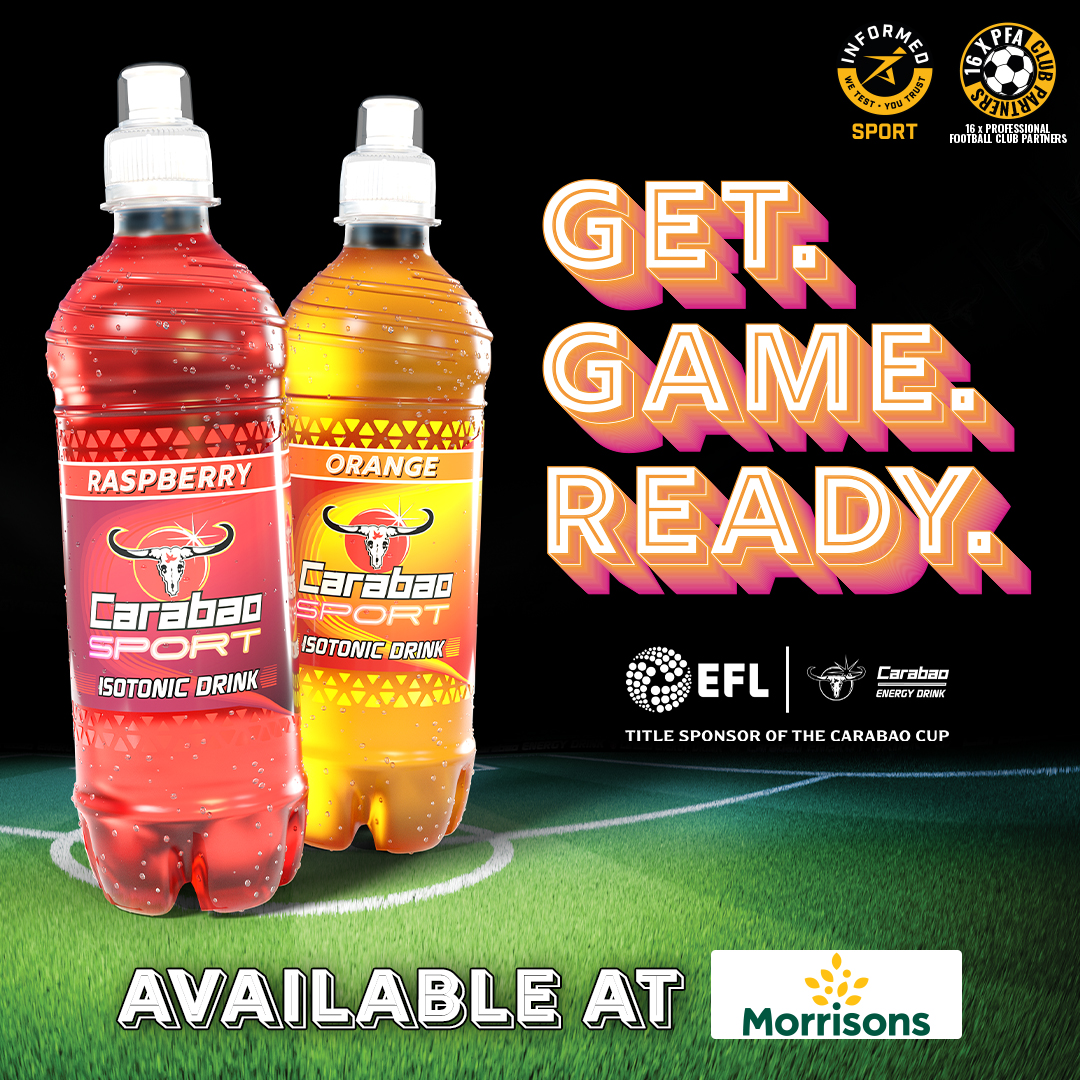 StevenageFC's tweet photo. GET. GAME. READY. ⚽️💥​
​
Delicious Raspberry and Orange Isotonic drinks are now available here 👉 https://t.co/w06JKJLbqs​
​
#CarabaoSPORT #Carabao #GameReady https://t.co/z8pVjFQ9HC