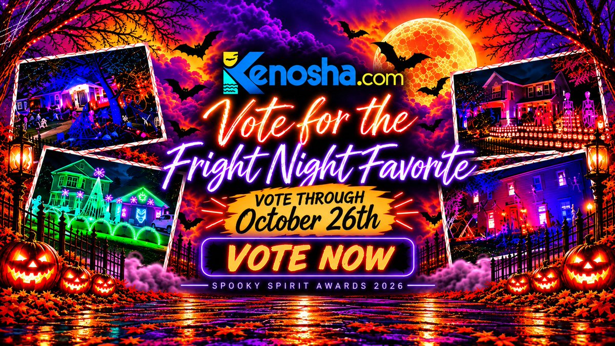 Kenoshadotcom's tweet photo. 🗺️ The 2026 Halloween lights tour is live: 23 Spooky Spirit Awards finalists, one map. Pick your Fright Night Favorite at https://t.co/qa4Fv3yWQu by 11:59 p.m. Oct. 26. https://t.co/a07zop2fzL #Kenosha https://t.co/AF4JsmQ7G3