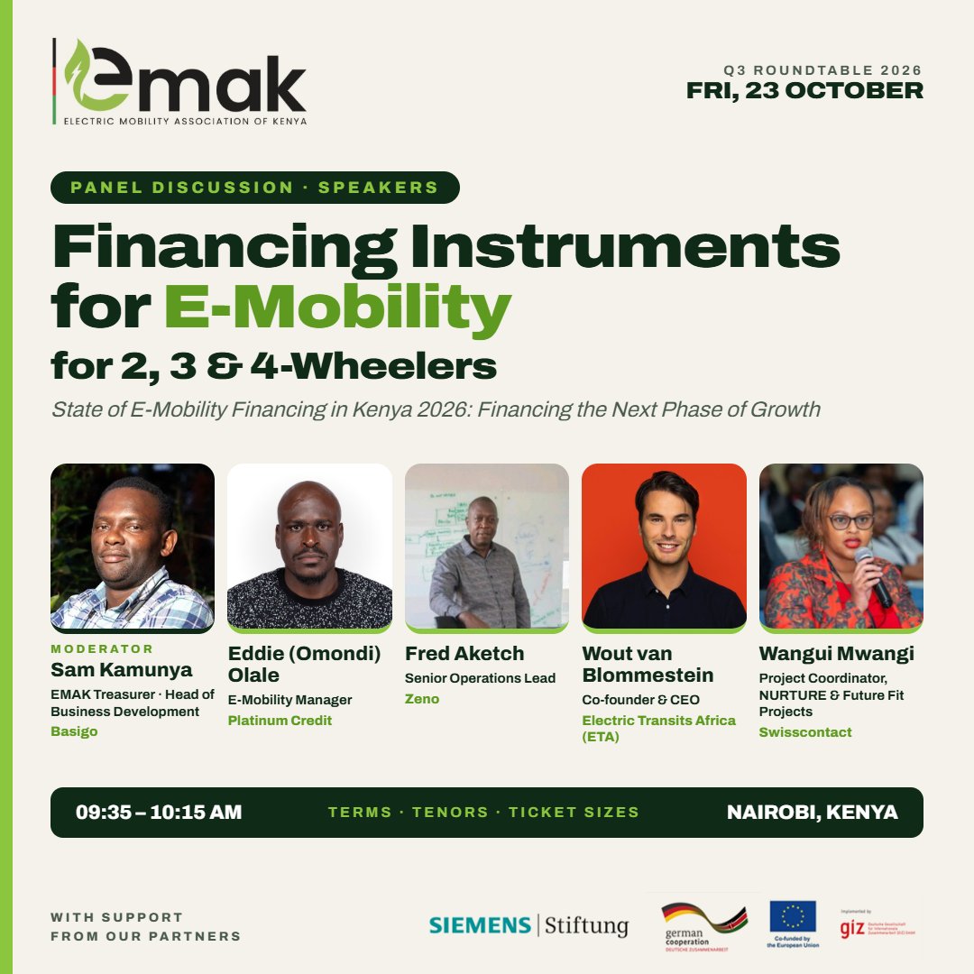 EMobilityKenya's tweet photo. Who’s funding Kenya’s 2, 3 &amp; 4-wheeler EV future? 🔋
Panel on 23 Oct: Eddie Olale, Fred Aketch, Wout Van and Wangui Mwangi, moderated by Sam Kamunya. ⚡
#EMAK #EMobilityFinancing https://t.co/NFmeldnf8V