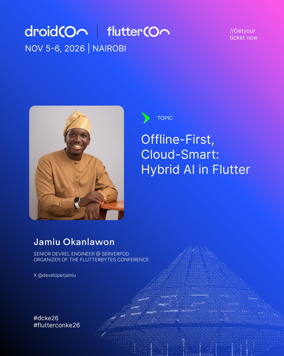 FlutterconKE's tweet photo. 📢 𝗦𝗣𝗘𝗔𝗞𝗘𝗥 𝗔𝗡𝗡𝗢𝗨𝗡𝗖𝗘𝗠𝗘𝗡𝗧! 🚀

Stop choosing between cloud AI and on-device AI. The future is hybrid routing.

Welcoming 𝗝𝗮𝗺𝗶𝘂 𝗢𝗸𝗮𝗻𝗹𝗮𝘄𝗼𝗻 (@developerjamiu), Senior DevRel Engineer @Serverpod, to #flutterconke26 & #dcke26!

🎙️ "𝗢𝗳𝗳𝗹𝗶𝗻𝗲-𝗙𝗶𝗿𝘀𝘁, 𝗖𝗹𝗼𝘂𝗱-𝗦𝗺𝗮𝗿𝘁: 𝗛𝘆𝗯𝗿𝗶𝗱 𝗔𝗜 𝗶𝗻 𝗙𝗹𝘂𝘁𝘁𝗲𝗿"

Here is what Jamiu will break down:
• 𝗧𝗵𝗲 𝟰 𝗦𝗶𝗴𝗻𝗮𝗹𝘀: Balancing privacy, connectivity, cost, and capability per request.
• 𝗗𝗮𝗿𝘁 𝗥𝗼𝘂𝘁𝗶𝗻𝗴 𝗘𝗻𝗴𝗶𝗻𝗲𝘀: Writing logic from simple gates to local classification models.
• 𝗚𝗲𝗺𝗺𝗮 + 𝗚𝗲𝗺𝗶𝗻𝗶 𝘃𝗶𝗮 𝗚𝗲𝗻𝗸𝗶𝘁: Orchestrating on-device and cloud models with automated fallbacks.
• 𝗗𝗲𝗽𝗹𝗼𝘆𝗺𝗲𝗻𝘁 𝗥𝗲𝗮𝗹𝗶𝘁𝗶𝗲𝘀: Managing model downloads, cold starts, and device memory limits.

📖 Session breakdown: https://t.co/DLEjBvABL0

Step Beyond Stacks with us this November in Nairobi! 🇰🇪

📍 Nairobi | Nov 5–6
🎟️ 𝗟𝗼𝗰𝗸 𝗶𝗻 𝘆𝗼𝘂𝗿 𝘁𝗶𝗰𝗸𝗲𝘁: https://t.co/sLQ9y6LaFy
