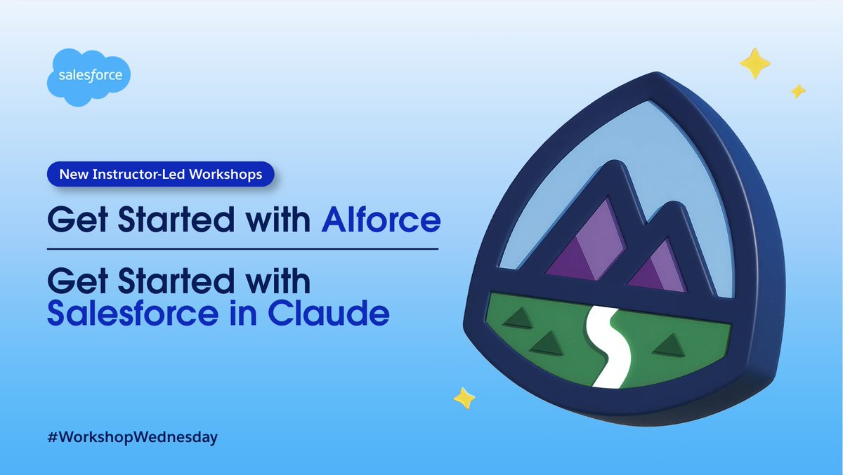 asksalesforce's tweet photo. One #WorkshopWednesday, two new workshops to level up your AI skills! ✨

Discover how to get started with AIforce and Salesforce in Claude, available exclusively for Premier and Signature Success Plan customers.

Register now: https://t.co/NJPGte9Dln https://t.co/oL9NrWBMlw