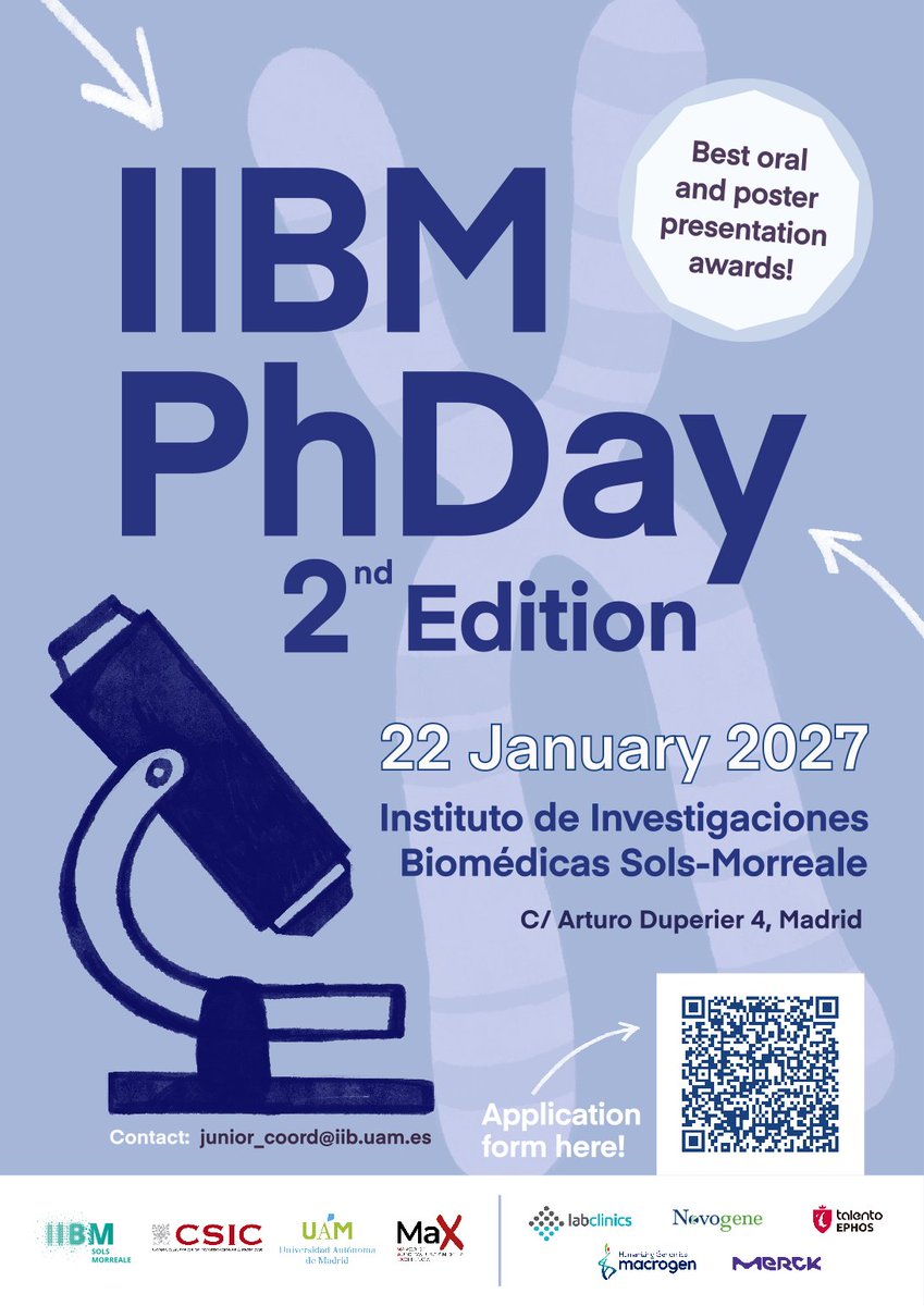 IIBmCSICUAM's tweet photo. 🎉 Registration is OPEN for the 2nd #IIBM PhDay!

Share your research, present a poster or talk, and connect with young biomedical researchers from all institutions

📅 January 22nd, 2027 | 📍 IIBM, Madrid
⏰ Deadline registration: Nov 6
ℹ️ Info: https://t.co/jxaZrAcKrk https://t.co/hbxJ5gOqf8