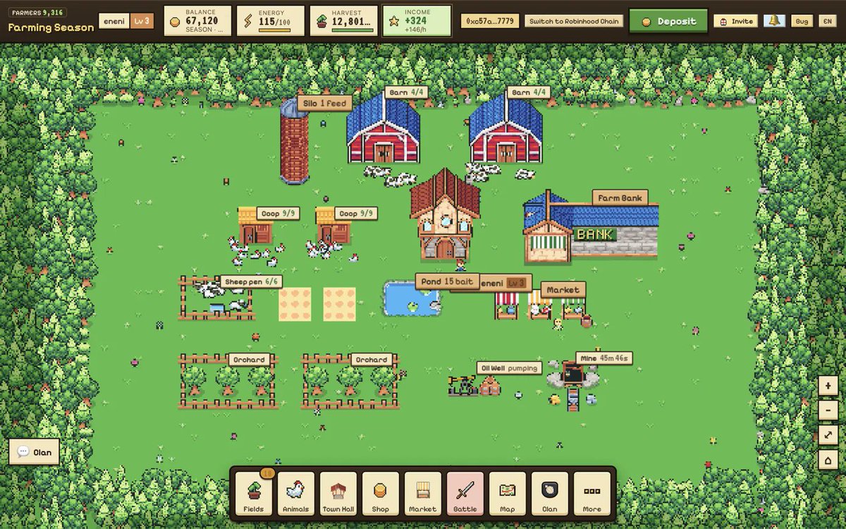 JWhaitr's tweet photo. Testing @farmingseasonio on Robinhood Chain. The whole game takes me about 15-20 minutes a day, most of it the Battle Arena. Animals, fishing, the oil well, the mine and the market take almost no time.

What I like most is the price system. Prices of everything adjust with the token rate to keep income steady in dollar terms, and so far it works as described. I've also tried withdrawing from the game, and that works too.

Of the new projects on Robinhood Chain lately, this is the one I'm enjoying most so far. I'm level 3 and slowly working toward level 4.

We're still early.

https://t.co/0HmSE7pjUA