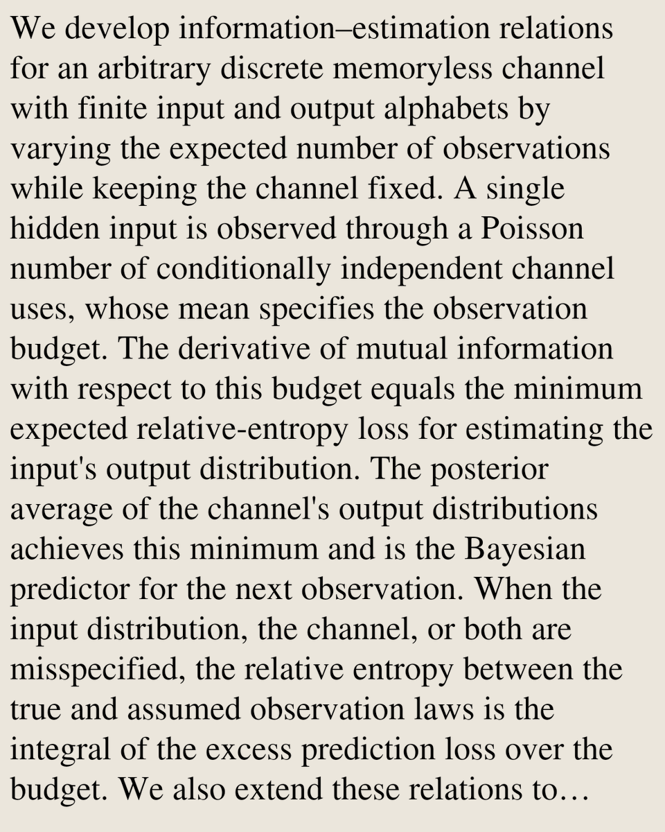 Encoding's tweet photo. Information, Estimation, and Prediction for Discrete Memoryless Channels via Poissonization

Abhiram Gorle, Tsachy Weissman
https://t.co/7zVFd1Bx99 [𝚌𝚜.𝙸𝚃] https://t.co/WXY9Iu41hR