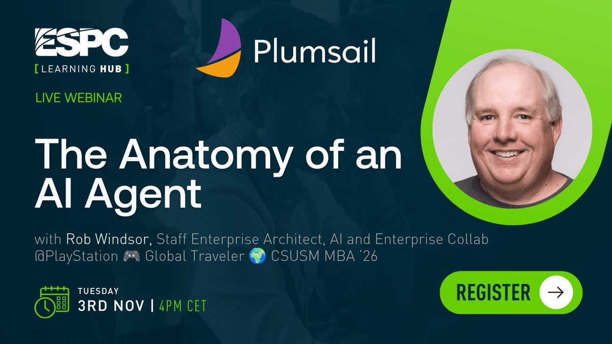 ESPC_Community's tweet photo. 🤖 What actually makes an AI agent an agent?

Find out in The Anatomy of an AI Agent with Rob Windsor during SharePoint Week, sponsored by Plumsail.

From models and tools to memory, context and MCP, discover how the pieces fit together — and what really happens when an AI agent takes action.

📅 3 November | 4:00 PM CET
🎟️ Free online

👉 Register now: https://t.co/SJma2idHzJ

#SharePointWeek #AI #AIAgents #MCP #SharePoint #Plumsail