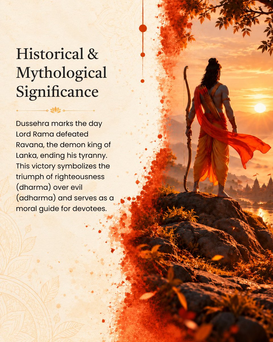 StudyAtHUA's tweet photo. Dussehra: a festival of dharma, devotion, and community
धर्मो जयति नाधर्मः सत्यं जयति नानृतम् ।

Dharma triumphs, not adharma. Truth triumphs, not falsehood.
Dussehra, known in Sanskrit as Vijayādaśamī, is celebrated on the tenth day after Navarātri. In the Rāmāyaṇa tradition it marks Rāma’s victory over Rāvaṇa, the king of Laṅkā, and the triumph of dharma over adharma.

Across communities, the day is observed in many forms. Devotees fast, recite the Rāmāyaṇa, and sing bhajans. Rāmlīlā performances retell the epic, and effigies of Rāvaṇa, Meghanāda, and Kumbhakarṇa are burned at dusk as a symbol of evil undone. Fairs, music, and cultural programs bring families and neighbors together, and pass these values to the next generation.

Beneath the celebration lies a quieter invitation: to practice discipline, courage, and truthfulness in our own lives.
From all of us at the Hindu University of America, a blessed Dussehra.

#Dussehra #Vijayadashami #Ramayana #Ramlila #SanatanaDharma #HinduStudies #HUA