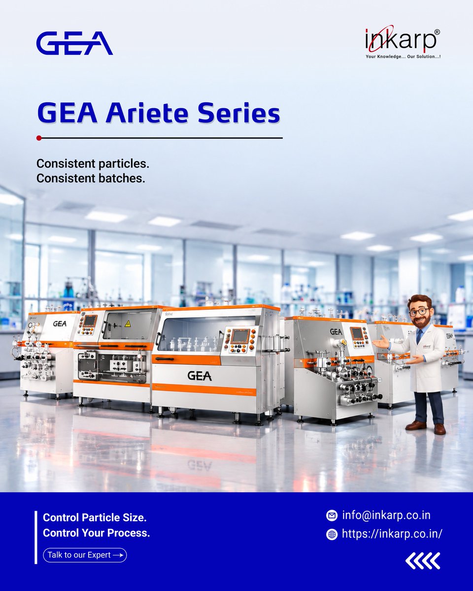 inkarpindia's tweet photo. 🧴 Better Particle Control. More Stable Formulations.
The GEA Ariete Series Homogenizers use NanoVALVE® technology for consistent particle size reduction in continuous production.
📩 info@inkarp.co.in
🔗 https://t.co/yEyWKS7puK
#FormulationScience #GEA #Inkarp https://t.co/iGhXKJLDPk