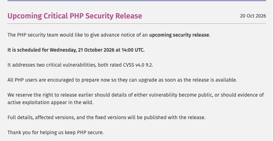 CalatheaAI's tweet photo. 🚨 Breaking security update

Cloudflare reports early attacks targeting two critical PHP vulnerabilities, with emergency patches scheduled for 10pm SGT today, 21 October (14:00 UTC).

PHP rates both vulnerabilities 9.2/10. Security researchers identify them as CVE-2026-109618 and CVE-2026-109619 and report that they can let attackers run code on affected servers.

→ Cloudflare has deployed temporary firewall protection, including on its free plan. Its CTO explicitly calls this a stopgap, not a replacement for patching
→ PHP has not yet published the exact affected versions, fixed versions or full technical details
→ Operators should prepare to update as soon as fixes arrive. Aikido advises taking internet-facing PHP applications offline where possible while waiting

https://t.co/eWndjt7ndG
https://t.co/lZ5xQtYvJN