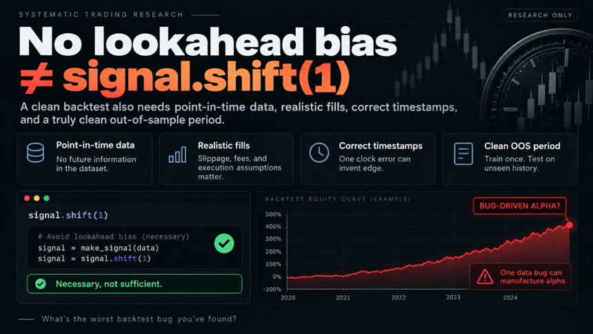 lewang_teraliq's tweet photo. “No lookahead bias” is not a feature you get from signal.shift(1).
You also need point-in-time data, realistic fills, correct timestamps, and a clean out-of-sample period.
One data bug can manufacture alpha. What's the worst backtest bug you've found? https://t.co/TgHkD4fkFQ