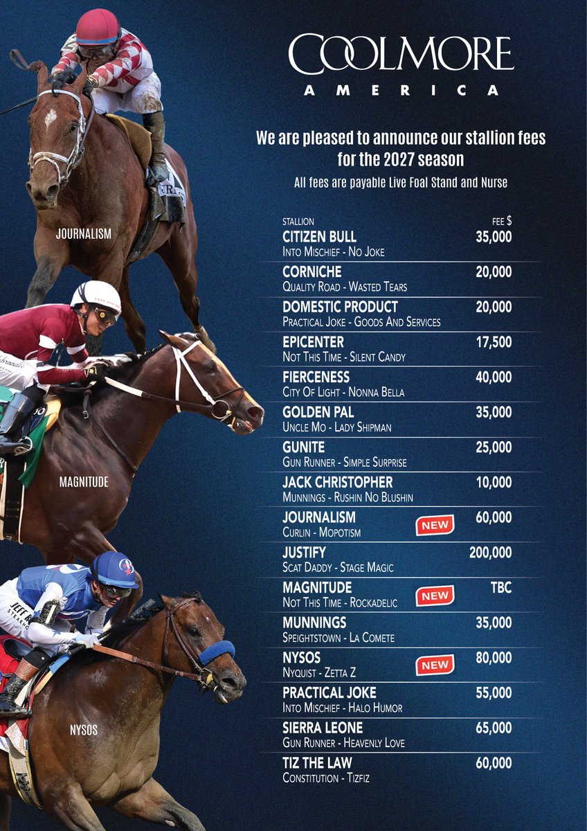 coolmoreamerica's tweet photo. Coolmore America Fees for 2027

#CoolmoreSires #HomeOfChampions https://t.co/Me4FoJviN7